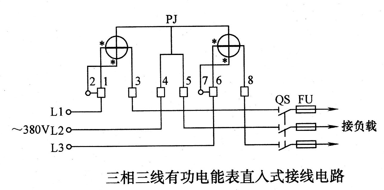 三相三线有功电能表直入式接线电路