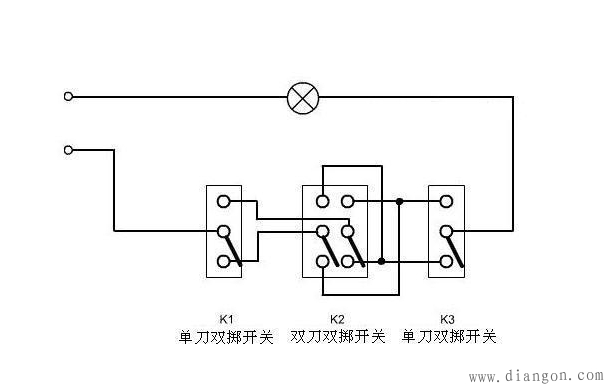 三个开关控制一个灯线路图