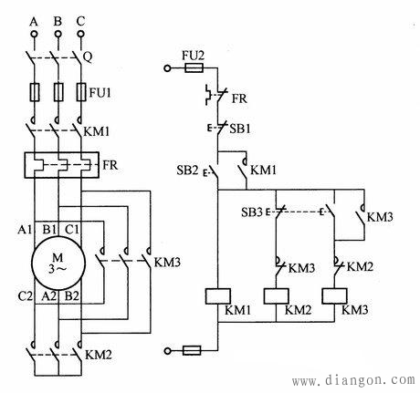 按钮控制星三角降压启动三个接触器电路图 - 电