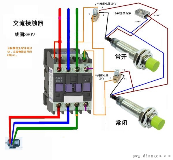 接近开关与中间继电器接线图