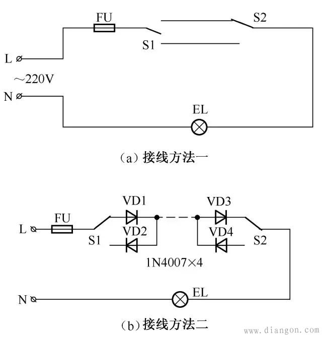 两个双联开关在两地控制一盏灯电路图