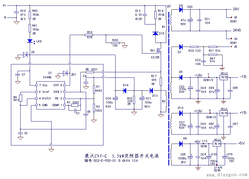5kw变频器开关电源电路该电路的自供电绕组n2,由d12,c31和d14,c30整流