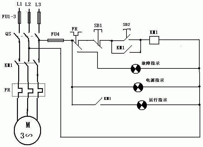三相异步电动机启动控制线路图(带故障指示灯)