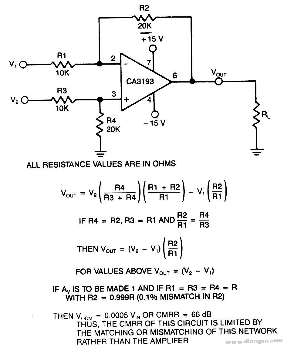 69 差動放大器電路圖 該差分放大器採用ca3193 bimos運算放大器