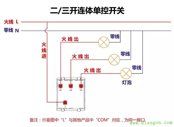 二三开连体单控开关接线图